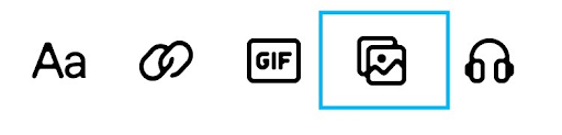 この画像は、白色の背景に黒いアイコンを横一列に並べたものです。左から順に、以下のアイコンが表示されています: 書式設定オプションのAa、リンクを追加するチェーンアイコン、GIFを選択または作成するGIFアイコン、イメージライブラリーの画像にアクセスする写真アルバムアイコン、SoundcloudやSpotifyから音声ファイルを選択して投稿に挿入するヘッドフォン。