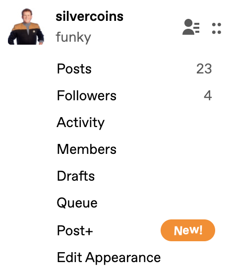 A screenshot from the account icon dropdown menu on web. The options are as follows: Posts, Followers, Activity, Members, Drafts, Queue, Post+, and Edit Appearance.