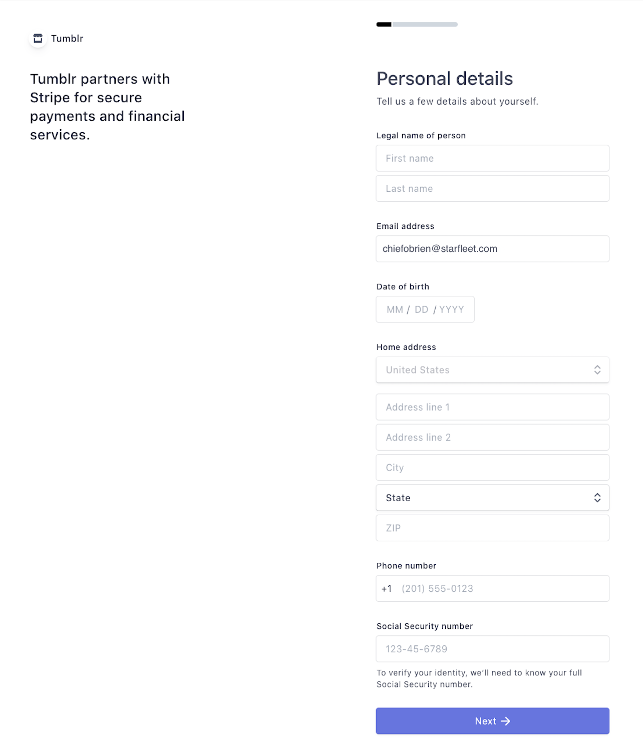 Stripe's Personal details form. The form asks for your name, email, date of birth, home address, phone number, and social security number.