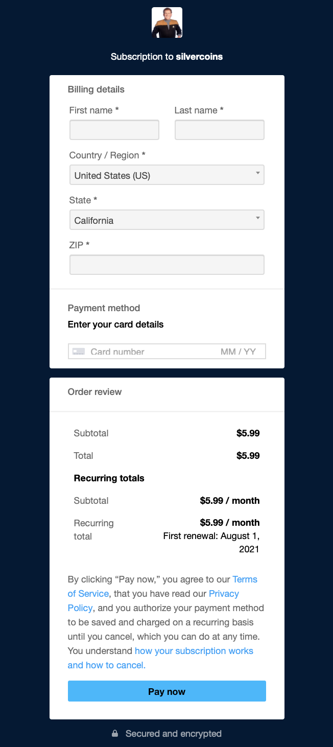A checkout page on web. The first section is for the user's billing details, followed by an order review.