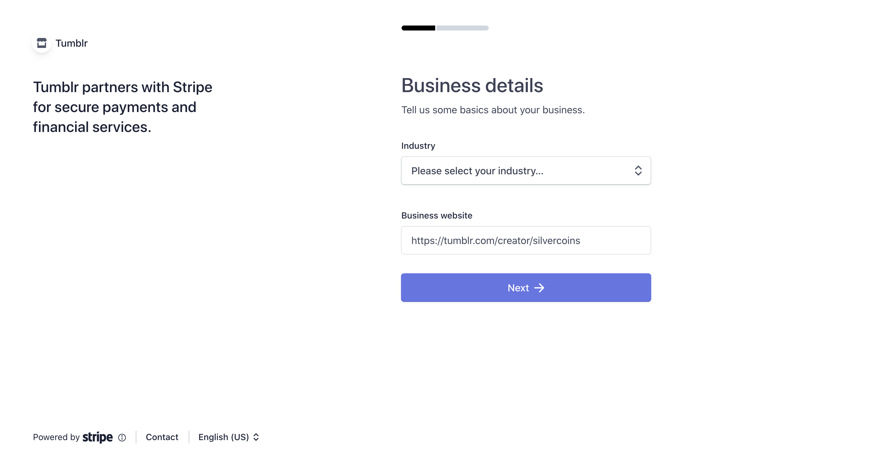 The Business details form. Stripe asks for your industry and your business website.