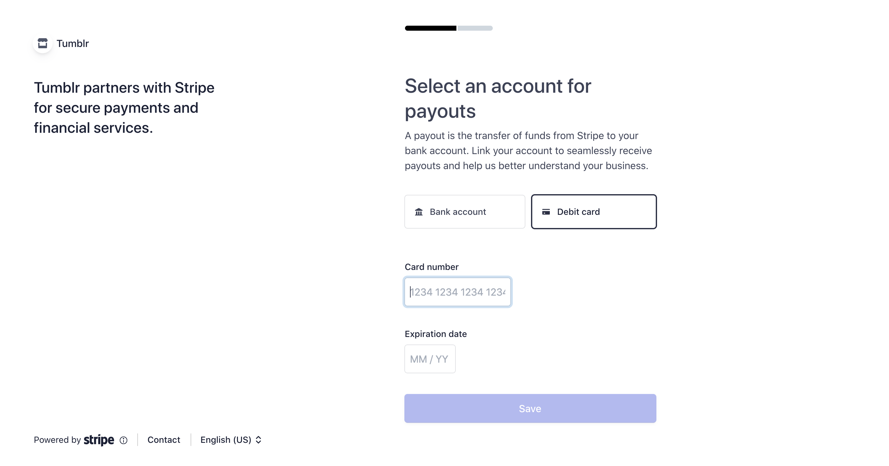 It's the same page as the previous screenshot, only Debit card is selected instead of Bank account. There's a field to enter your card number, and another field for the expiration date.