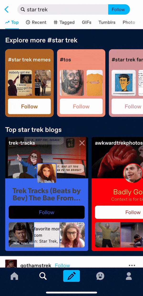 Um GIF em loop da página de pesquisa para o star trek na aplicação para iOS. O utilizador desliza a página para baixo para ver só uma coluna com os resultados da publicação.