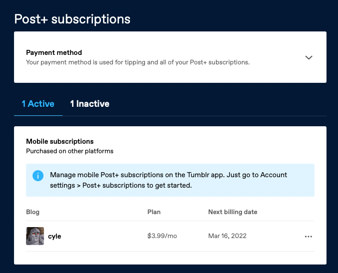 The Post+ subscriptions view. It contains the saved payment method and a summary of your inactive and active subscriptions.