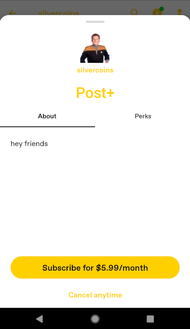 The same blog view as before, but a pop up has appeared from the bottom of the screen. It reads: Post+ and there's an option at the bottom to subscribe for $5.99/month.
