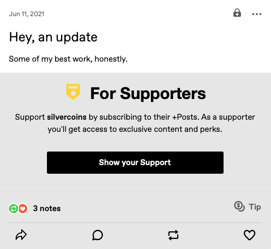 A +post on web. There's an overlay concealing most of the post, and a large black button that reads: Show your Support.